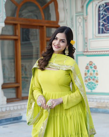 Yellow Designer Wedding Special Fully Flair Georgette Gown 5