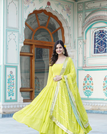 Yellow Designer Wedding Special Fully Flair Georgette Gown 