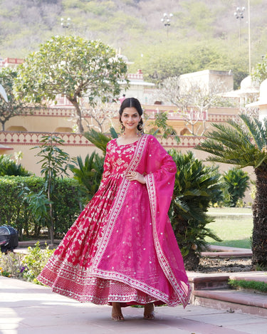 PINK Viscose Diable Jacquard With Sequins Embroidered Work Gown 2