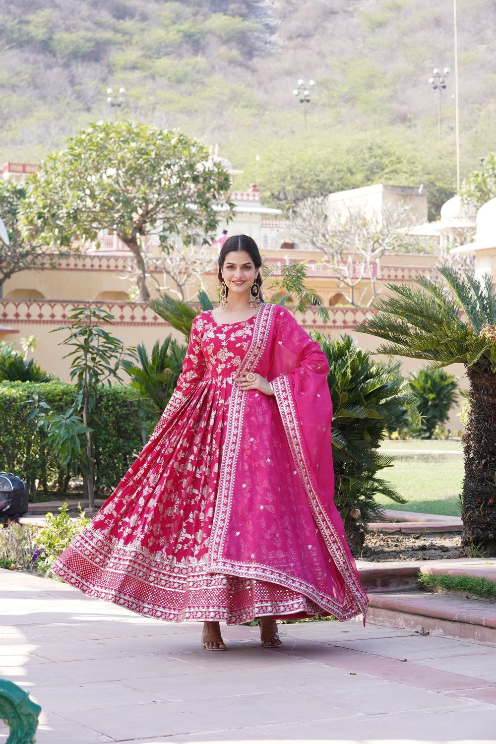 PINK Viscose Diable Jacquard With Sequins Embroidered Work Gown