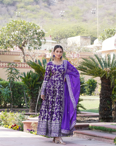 PURPLE  Viscose Diable Jacquard With Sequins Embroidered Work Gown   3