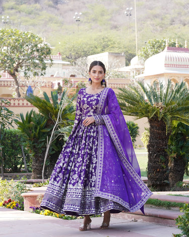 PURPLE  Viscose Diable Jacquard With Sequins Embroidered Work Gown  