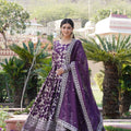 WINE  Viscose Diable Jacquard With Sequins Embroidered Work Gown 