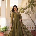 Mehndi Colour Traditional Designer Festive Wear Gown  5