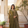 Mehndi Colour Traditional Designer Festive Wear Gown  6
