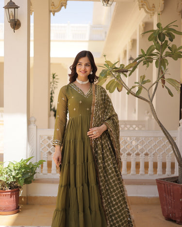 Mehndi Colour Traditional Designer Festive Wear Gown  6