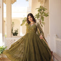 Mehndi Colour Traditional Designer Festive Wear Gown 