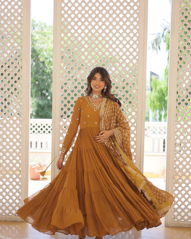 Mustard Colour Traditional Designer Festive Wear Gown 