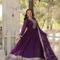 Purple Designer Faux Blooming And Sequins Embroidered Work Gown 