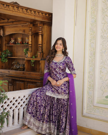 Purple Viscose Jacquerd Sequins Embroidered work Gharara Set 7