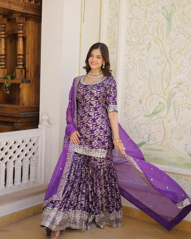 Purple Viscose Jacquerd Sequins Embroidered work Gharara Set 1