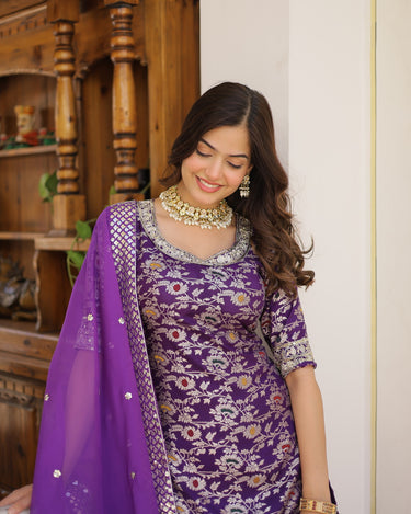 Purple Viscose Jacquerd Sequins Embroidered work Gharara Set 3