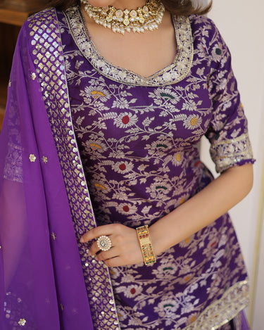 Purple Viscose Jacquerd Sequins Embroidered work Gharara Set 6