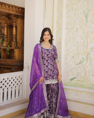 Purple Viscose Jacquerd Sequins Embroidered work Gharara Set