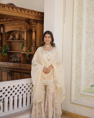 Off White Viscose Jacquerd Sequins Embroidered work Gharara Set 1