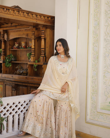 Off White Viscose Jacquerd Sequins Embroidered work Gharara Set 2