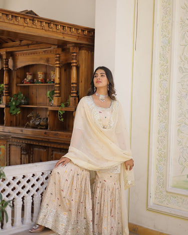 Off White Viscose Jacquerd Sequins Embroidered work Gharara Set 3