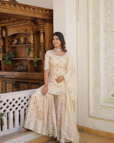 Off White Viscose Jacquerd Sequins Embroidered work Gharara Set 4