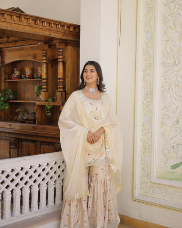 Off White Viscose Jacquerd Sequins Embroidered work Gharara Set