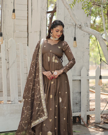 Beige Colour Vichitra Shimmer Sequins work Gown 2