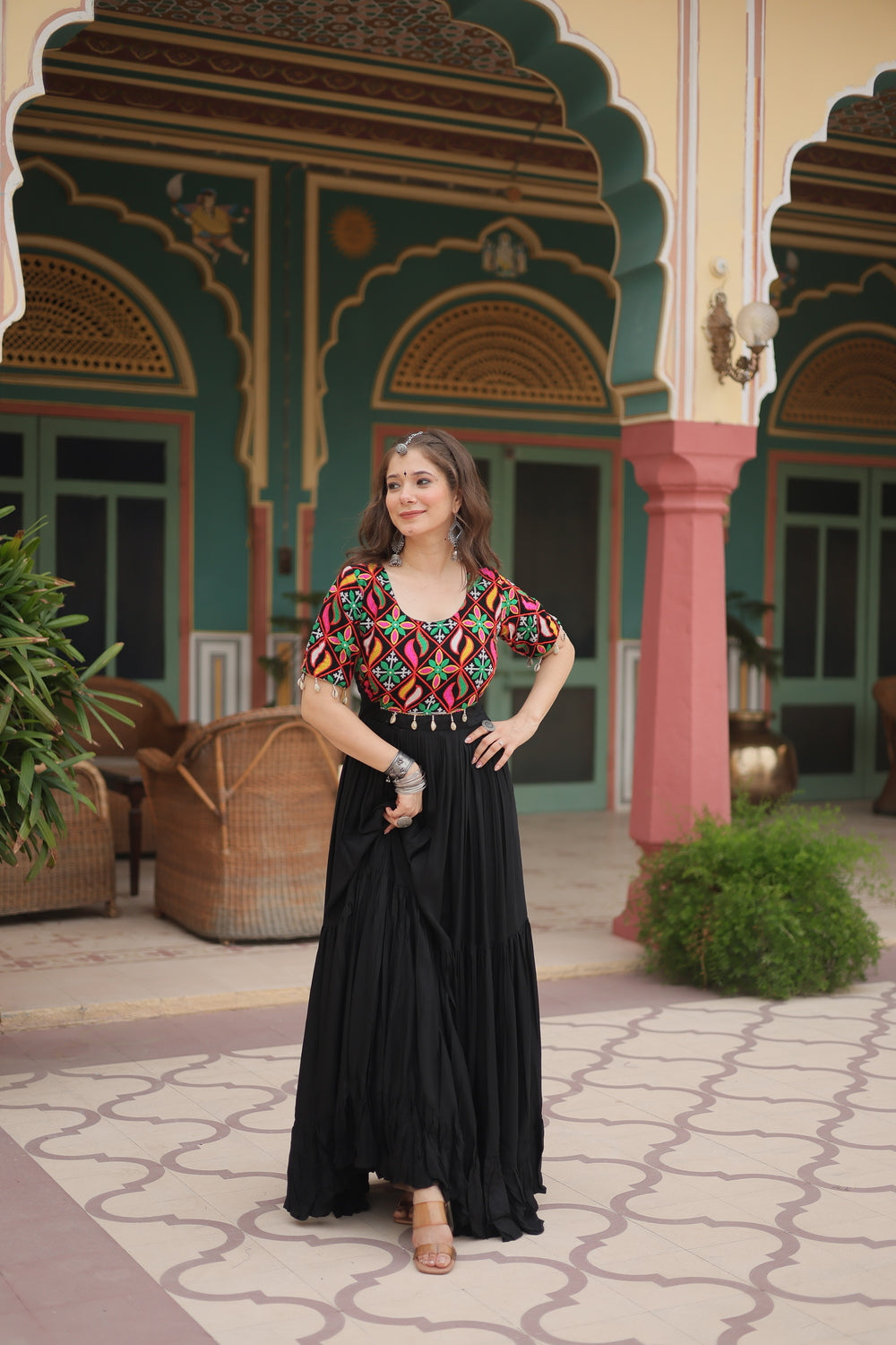 Navratri Black Rayon Gown with Kutchi Gamthi Kodi Work