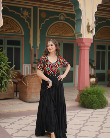 Navratri Black Rayon Gown with Kutchi Gamthi Kodi Work