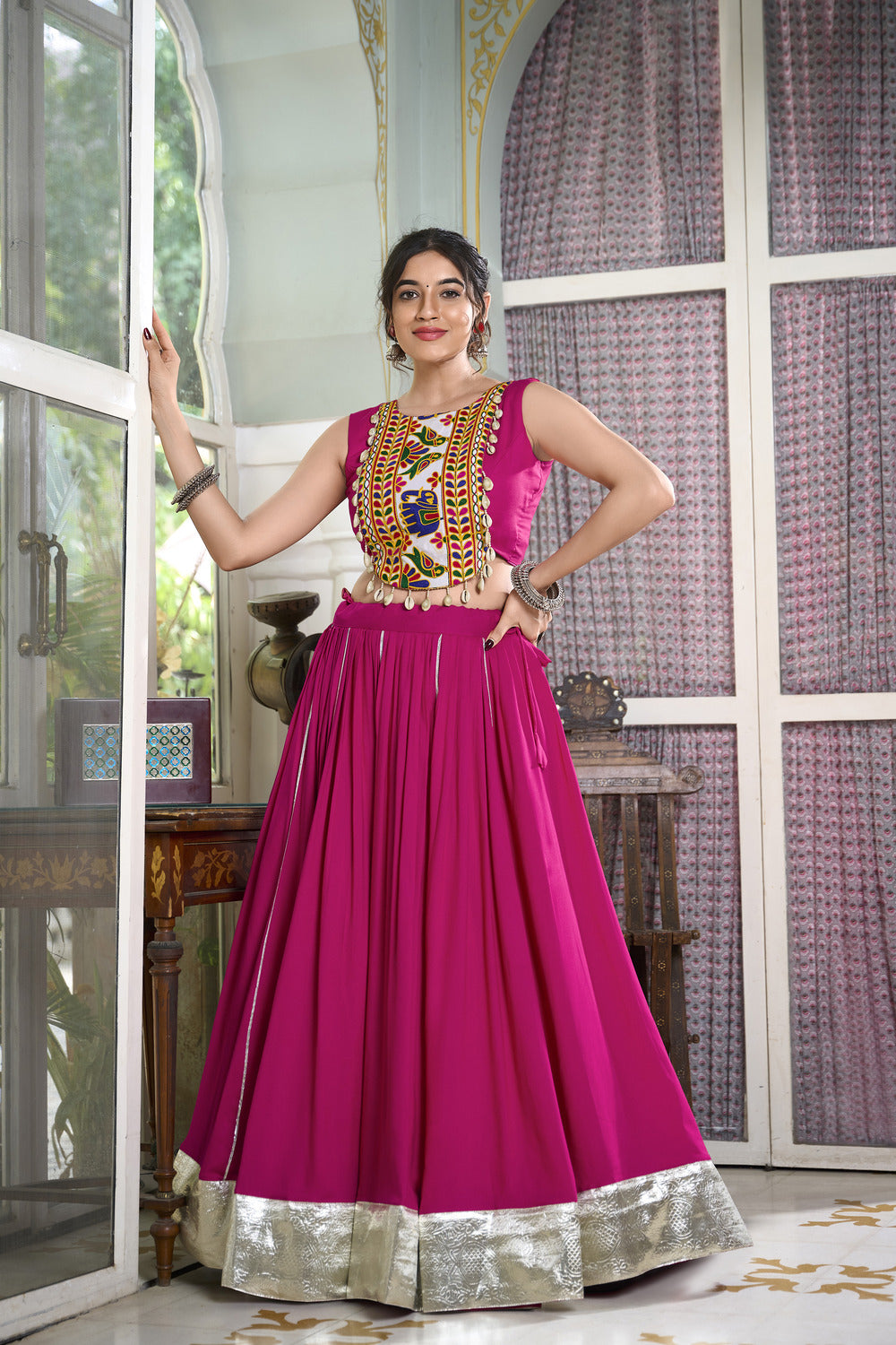 Rani Pink Rayon Plain And Lace Border With Gotta Patti Touch Up Chaniya Choli