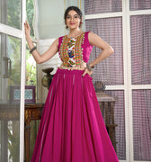 Rani Pink Rayon Plain And Lace Border With Gotta Patti Touch Up Chaniya Choli