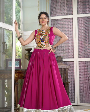 Rani Pink Rayon Plain And Lace Border With Gotta Patti Touch Up Chaniya Choli