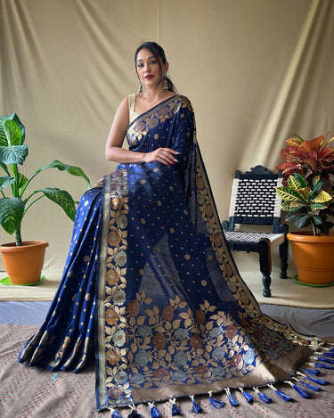 BLUE  SOFT SILK SAREES WITH GOLD ZARI WEAVING SAREE 5