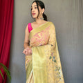 Golden-Pista  Anokhi Digital organza zari sweaving saree