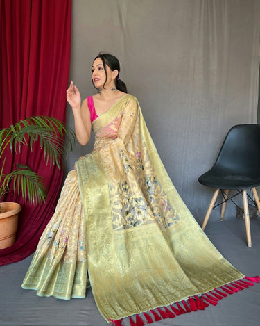 Golden-Pista  Anokhi Digital organza zari sweaving saree 1