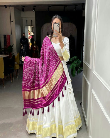 WHITE Gaji Silk Bandhani Chaniya Choli 