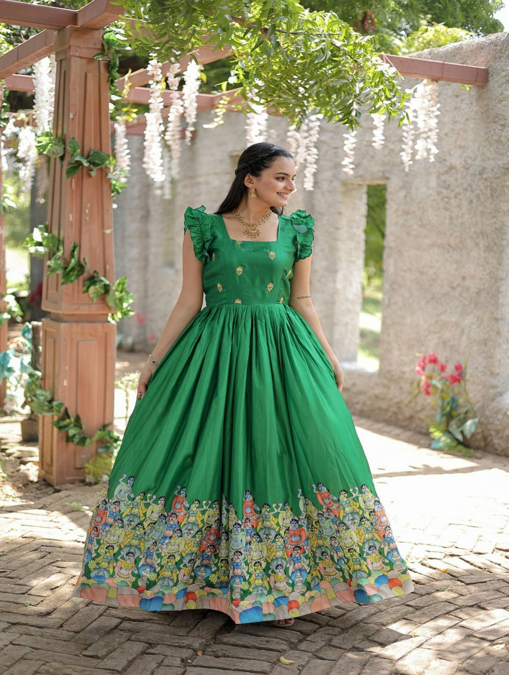 Buy Digital Print Work Satin Silk Readymade Designer Gown Online