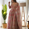 Brown Colour Pure Soft Organza Silk Floral Gown Set 1