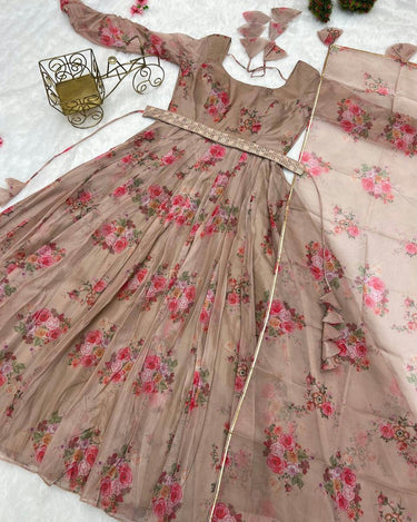 Brown Colour Pure Soft Organza Silk Floral Gown Set 7