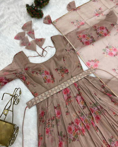 Brown Colour Pure Soft Organza Silk Floral Gown Set 8