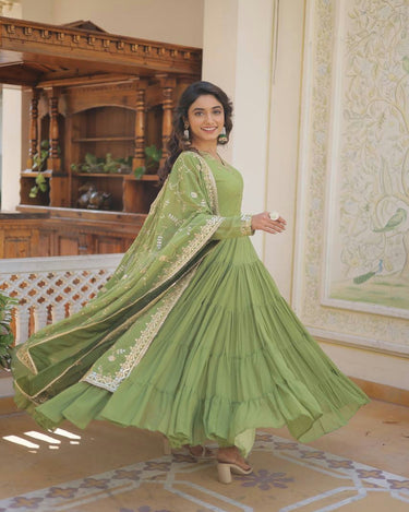 Parrot-green Faux Georgette with Embroidered work