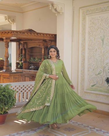 Parrot-green Faux Georgette with Embroidered work 1