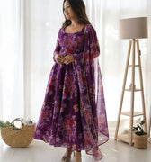 Purple Colour Pure Soft Tabby Organza Silk Gown Set