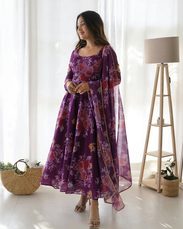 Purple Colour Pure Soft Tabby Organza Silk Gown Set