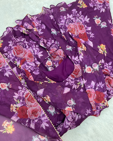 Purple Colour Pure Soft Tabby Organza Silk Gown Set 11