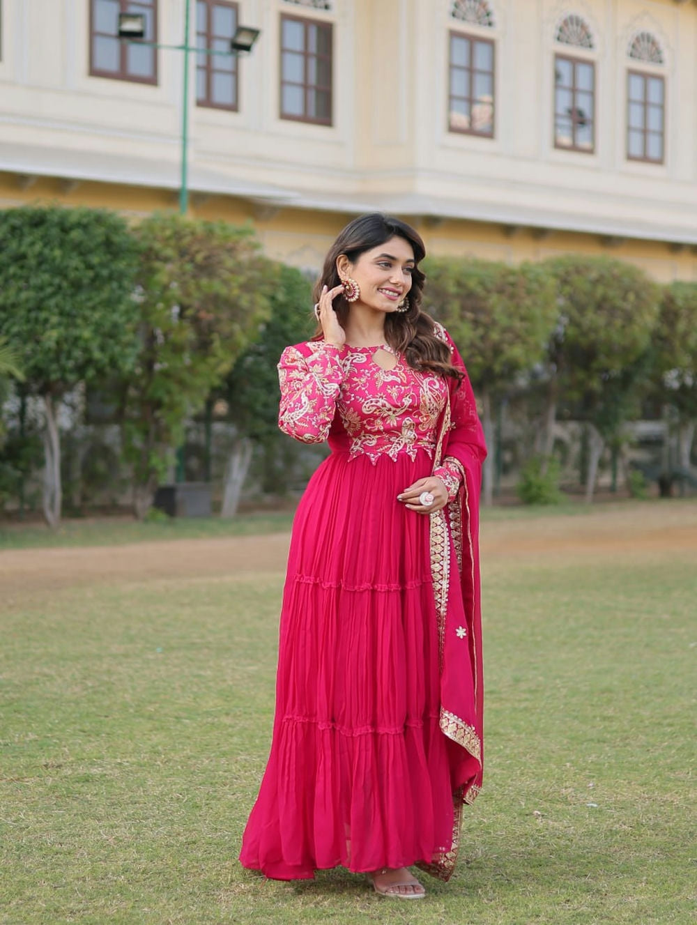 PINK Faux Georgette with Rich Floral Position Print work Gown 