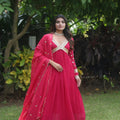  RED Faux Blooming With Embroidery Zari Sequins-work Gown