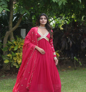  RED Faux Blooming With Embroidery Zari Sequins-work Gown