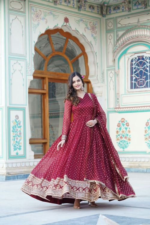 MAROON Nylon Jacquard Butti With Embroidery Zari Sequins-work Gown