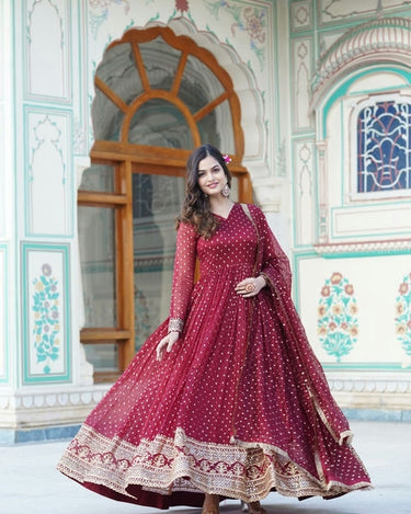 MAROON Nylon Jacquard Butti With Embroidery Zari Sequins-work Gown