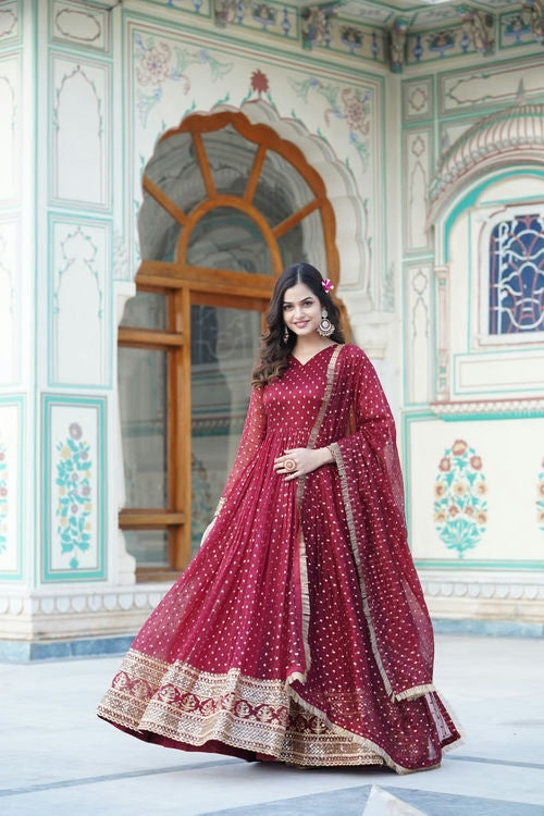 MAROON Nylon Jacquard Butti With Embroidery Zari Sequins-work Gown 1