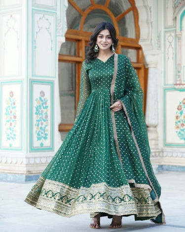 GREEN Nylon Jacquard Butti With Embroidery Zari Sequins-work Gown