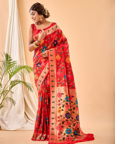 RED  Pure paithani silk saree with jaal design